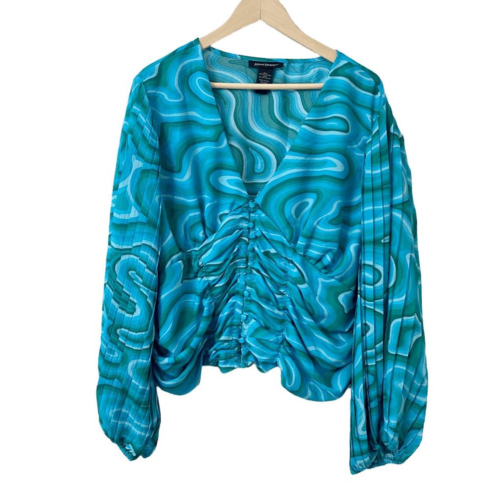 Ashley Stewart Turquoise Swirl Ruched Blouse